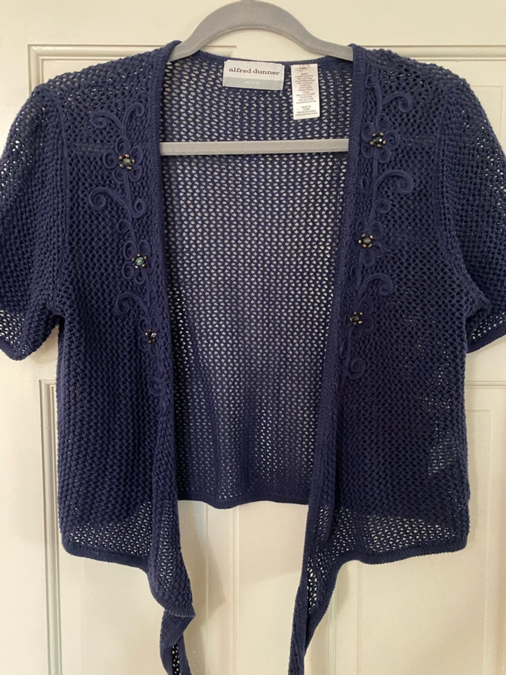 Alfred Dunner Navy Open-Front Short-Sleeve Knit Cardigan with Embroidered Trim